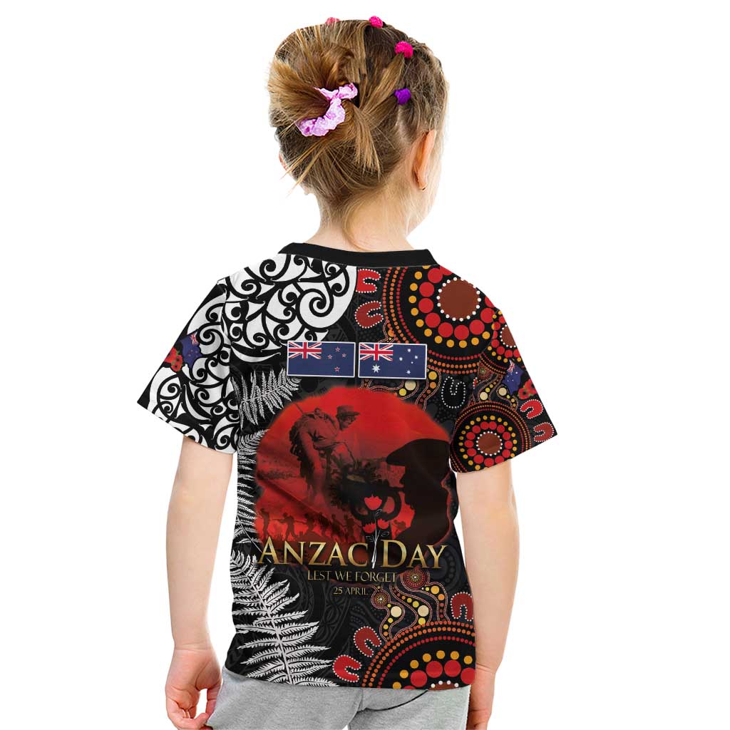 Australia and New Zealand ANZAC Day Kid T Shirt Aboriginal and Maori Art Pattern - Gallipoli Lest We Forget LT03 - Polynesian Pride