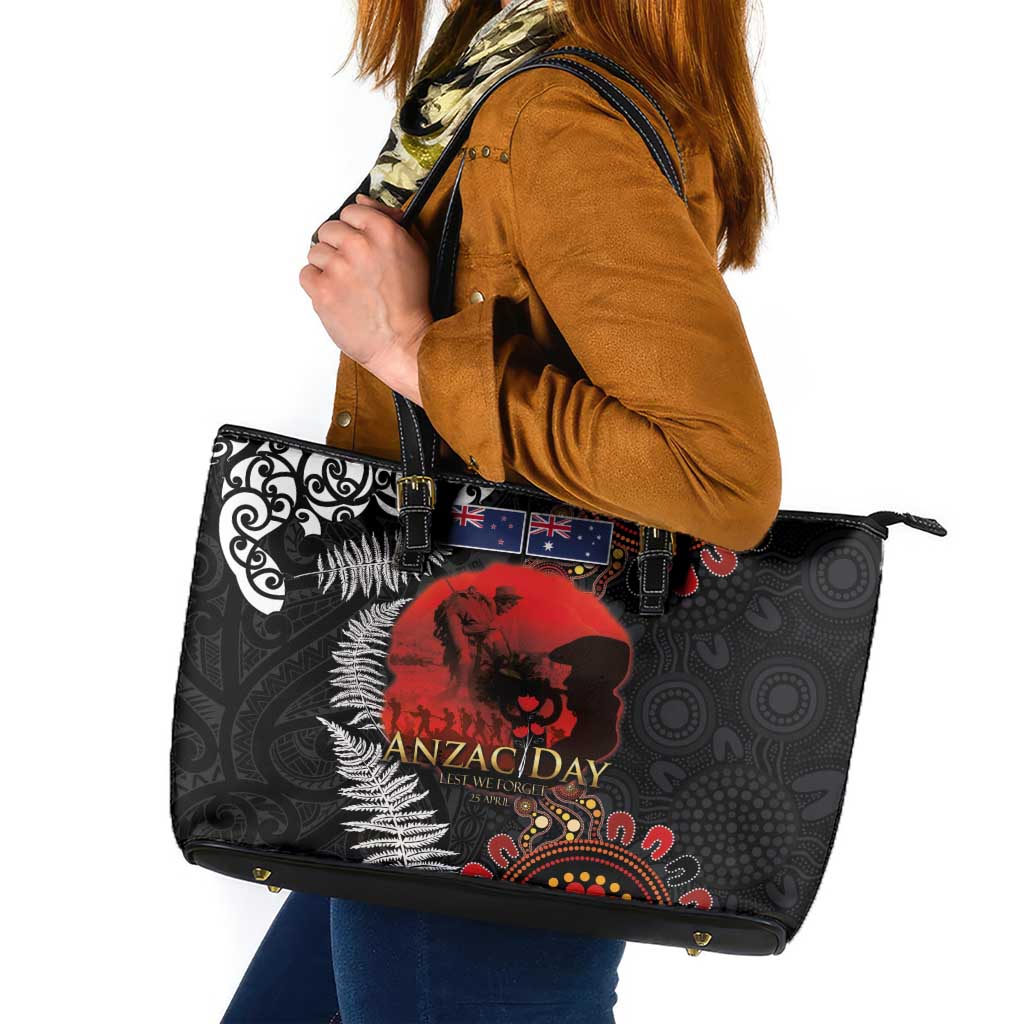 Australia and New Zealand ANZAC Day Leather Tote Bag Aboriginal and Maori Art Pattern - Gallipoli Lest We Forget LT03 Black - Polynesian Pride