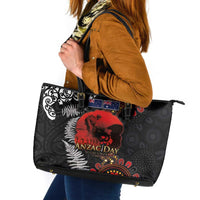 Australia and New Zealand ANZAC Day Leather Tote Bag Aboriginal and Maori Art Pattern - Gallipoli Lest We Forget LT03 Black - Polynesian Pride