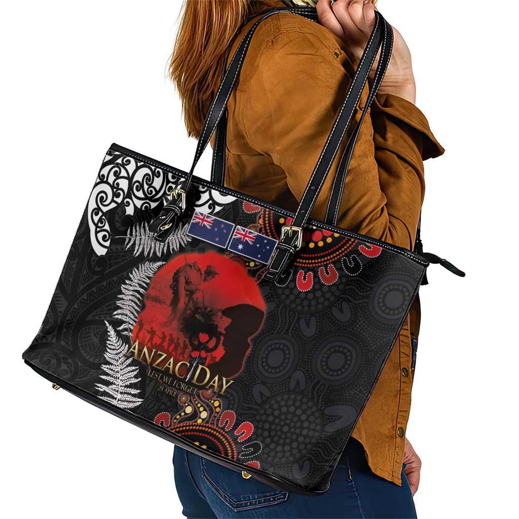 Australia and New Zealand ANZAC Day Leather Tote Bag Aboriginal and Maori Art Pattern - Gallipoli Lest We Forget LT03 - Polynesian Pride
