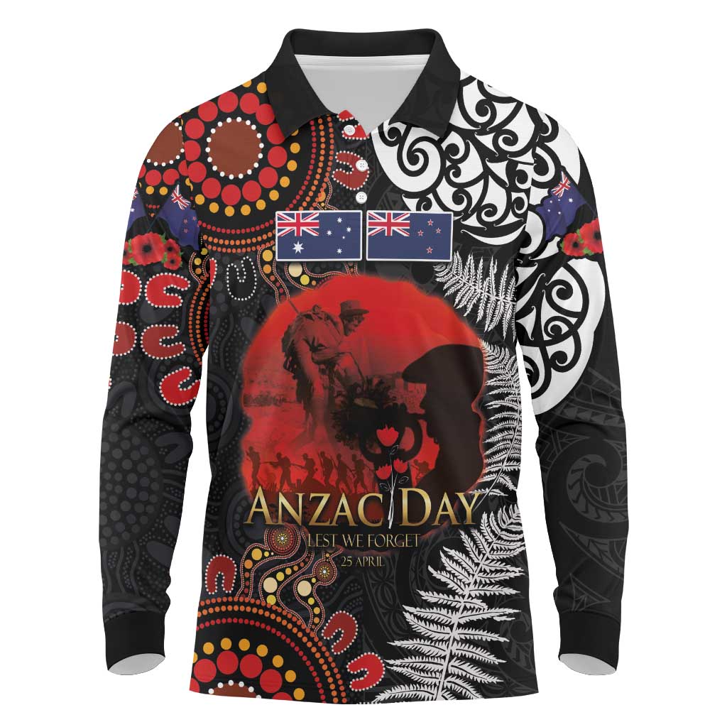 Australia and New Zealand ANZAC Day Long Sleeve Polo Shirt Aboriginal and Maori Art Pattern - Gallipoli Lest We Forget LT03 Black - Polynesian Pride
