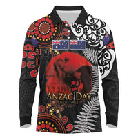 Australia and New Zealand ANZAC Day Long Sleeve Polo Shirt Aboriginal and Maori Art Pattern - Gallipoli Lest We Forget LT03 Black - Polynesian Pride