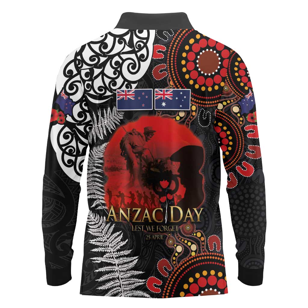 Australia and New Zealand ANZAC Day Long Sleeve Polo Shirt Aboriginal and Maori Art Pattern - Gallipoli Lest We Forget LT03 - Polynesian Pride