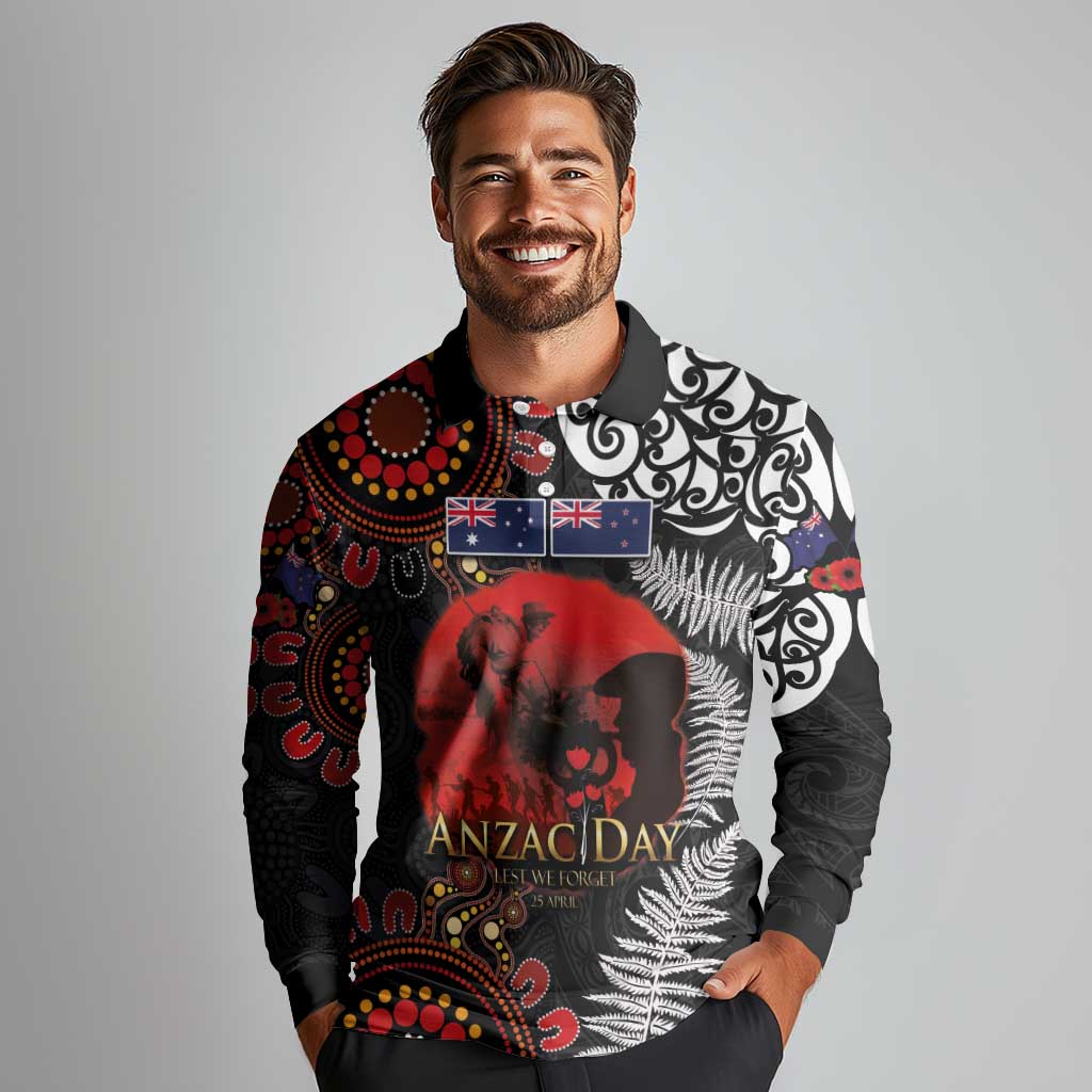 Australia and New Zealand ANZAC Day Long Sleeve Polo Shirt Aboriginal and Maori Art Pattern - Gallipoli Lest We Forget LT03 - Polynesian Pride