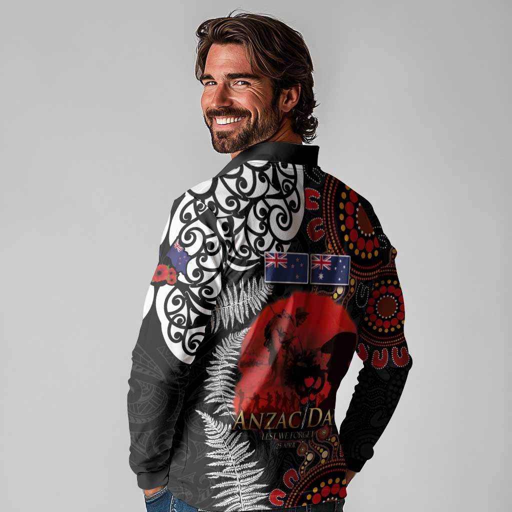 Australia and New Zealand ANZAC Day Long Sleeve Polo Shirt Aboriginal and Maori Art Pattern - Gallipoli Lest We Forget LT03 - Polynesian Pride