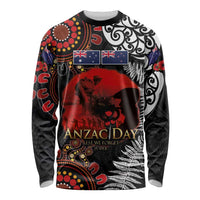Australia and New Zealand ANZAC Day Long Sleeve Shirt Aboriginal and Maori Art Pattern - Gallipoli Lest We Forget LT03 Unisex Black - Polynesian Pride