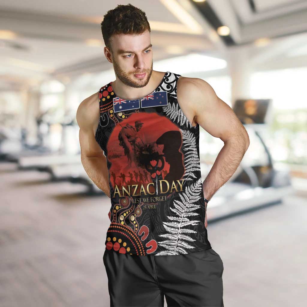 Australia and New Zealand ANZAC Day Men Tank Top Aboriginal and Maori Art Pattern - Gallipoli Lest We Forget LT03 Black - Polynesian Pride