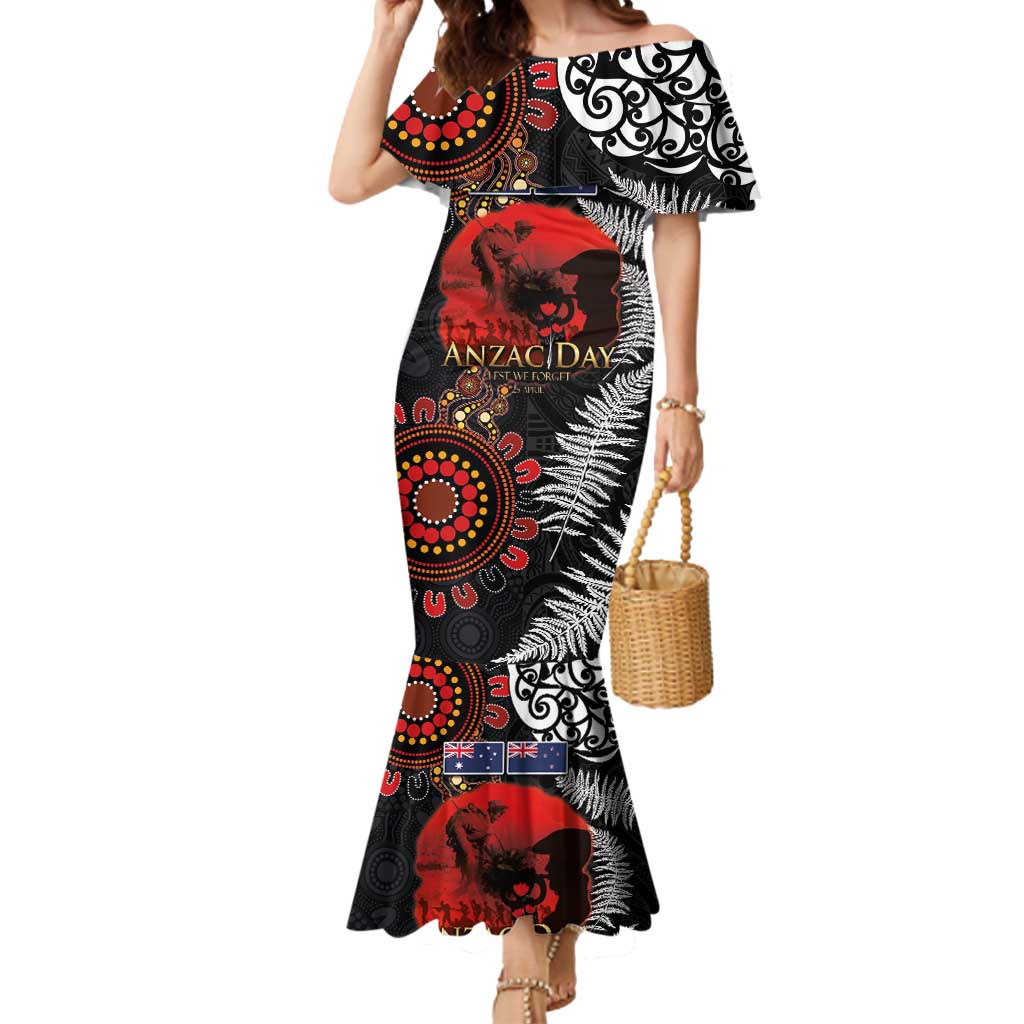 Australia and New Zealand ANZAC Day Mermaid Dress Aboriginal and Maori Art Pattern - Gallipoli Lest We Forget LT03 Women Black - Polynesian Pride