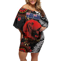 Australia and New Zealand ANZAC Day Off Shoulder Short Dress Aboriginal and Maori Art Pattern - Gallipoli Lest We Forget LT03 Women Black - Polynesian Pride