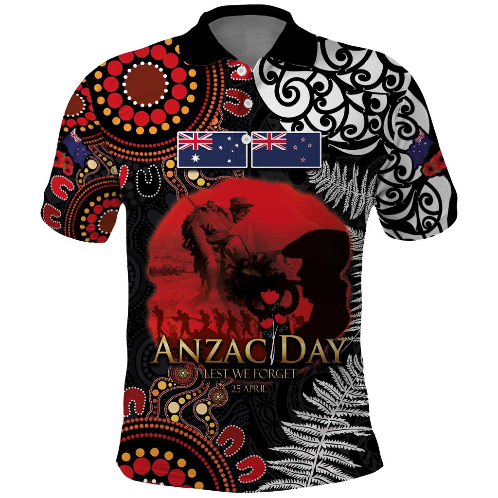 Australia and New Zealand ANZAC Day Polo Shirt Aboriginal and Maori Art Pattern - Gallipoli Lest We Forget LT03 Black - Polynesian Pride