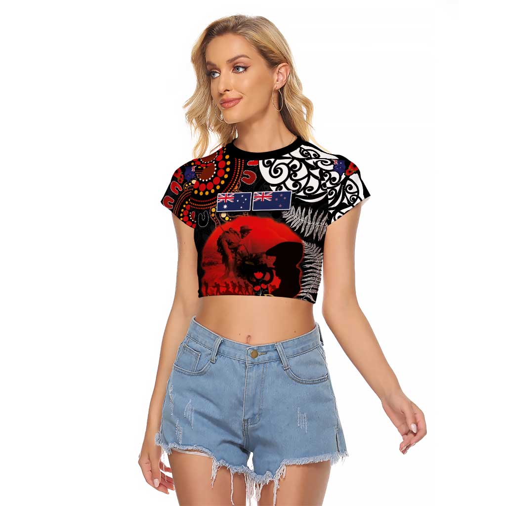 Australia and New Zealand ANZAC Day Raglan Cropped T Shirt Aboriginal and Maori Art Pattern - Gallipoli Lest We Forget LT03 Female Black - Polynesian Pride