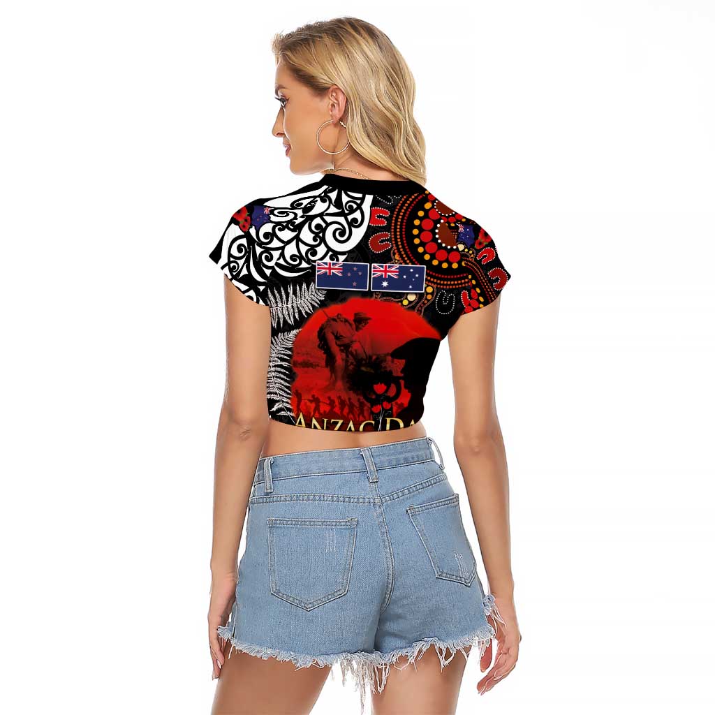 Australia and New Zealand ANZAC Day Raglan Cropped T Shirt Aboriginal and Maori Art Pattern - Gallipoli Lest We Forget LT03 - Polynesian Pride