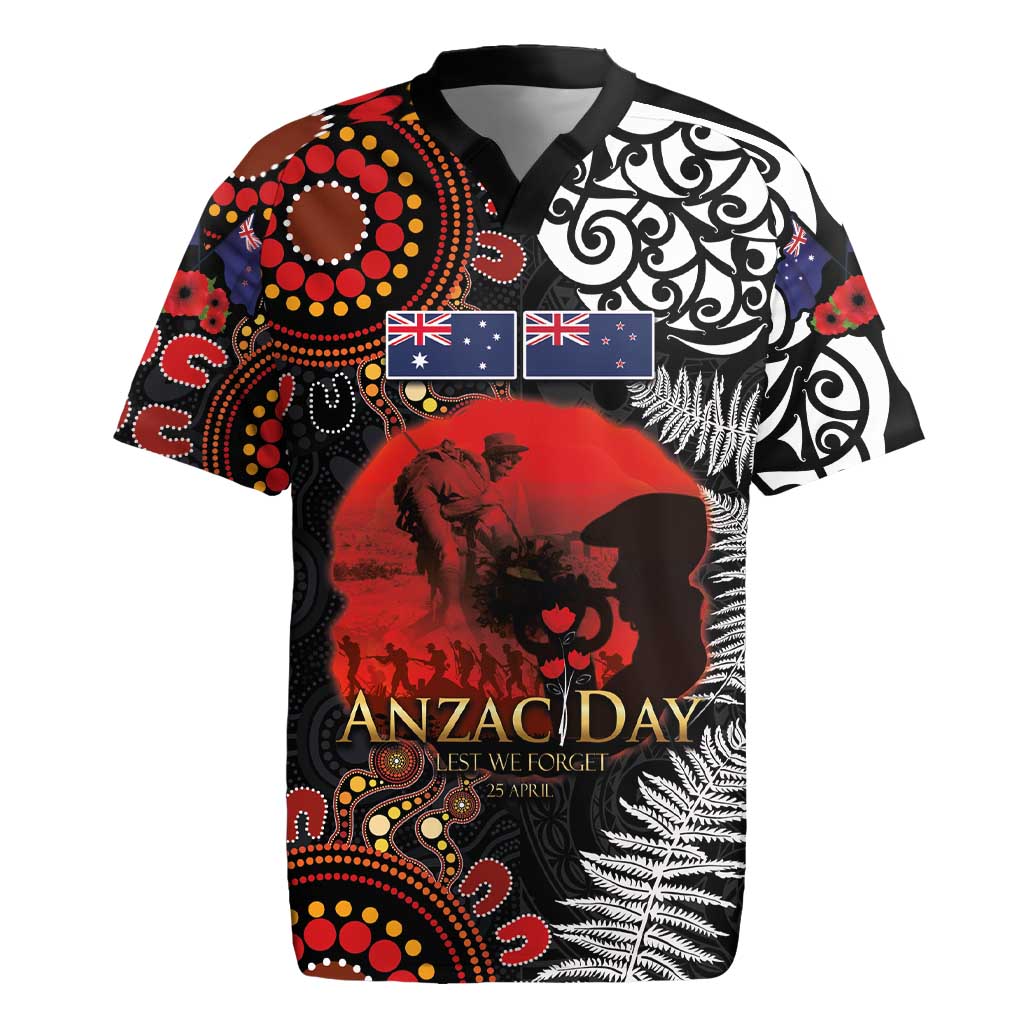 Australia and New Zealand ANZAC Day Rugby Jersey Aboriginal and Maori Art Pattern - Gallipoli Lest We Forget LT03 Black - Polynesian Pride