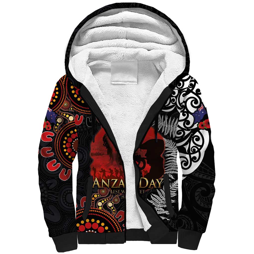 Australia and New Zealand ANZAC Day Sherpa Hoodie Aboriginal and Maori Art Pattern - Gallipoli Lest We Forget LT03 Unisex Black - Polynesian Pride