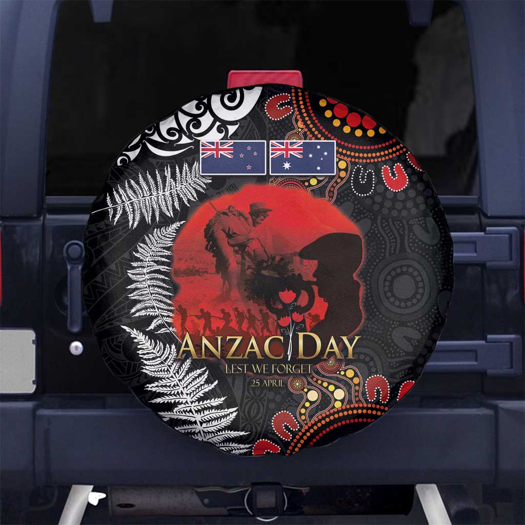 Australia and New Zealand ANZAC Day Spare Tire Cover Aboriginal and Maori Art Pattern - Gallipoli Lest We Forget LT03 No hole Black - Polynesian Pride