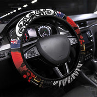 Australia and New Zealand ANZAC Day Steering Wheel Cover Aboriginal and Maori Art Pattern - Gallipoli Lest We Forget LT03 Universal Fit Black - Polynesian Pride
