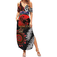 Australia and New Zealand ANZAC Day Summer Maxi Dress Aboriginal and Maori Art Pattern - Gallipoli Lest We Forget LT03 Women Black - Polynesian Pride