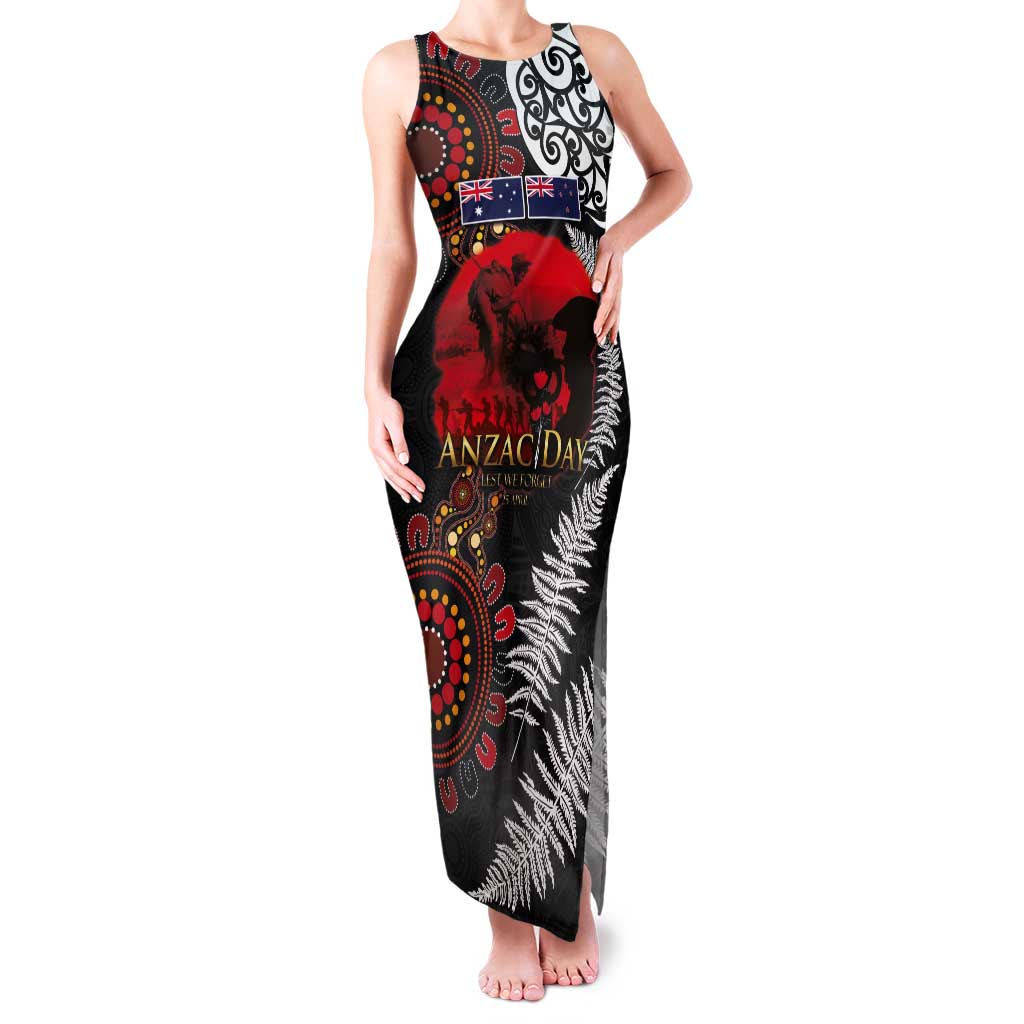 Australia and New Zealand ANZAC Day Tank Maxi Dress Aboriginal and Maori Art Pattern - Gallipoli Lest We Forget LT03 Women Black - Polynesian Pride