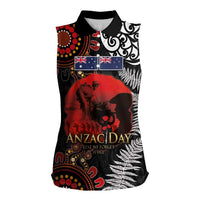 Australia and New Zealand ANZAC Day Women Sleeveless Polo Shirt Aboriginal and Maori Art Pattern - Gallipoli Lest We Forget LT03 Female Black - Polynesian Pride