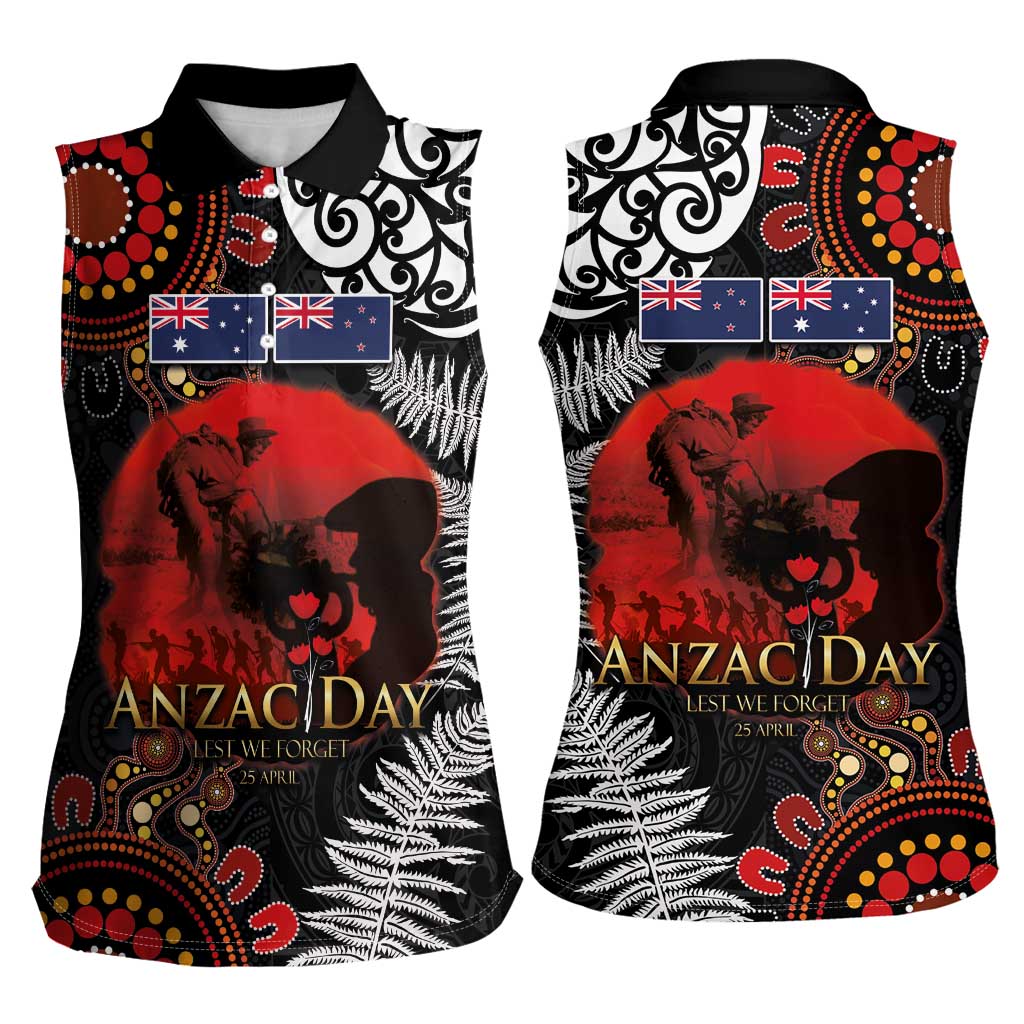 Australia and New Zealand ANZAC Day Women Sleeveless Polo Shirt Aboriginal and Maori Art Pattern - Gallipoli Lest We Forget LT03 - Polynesian Pride