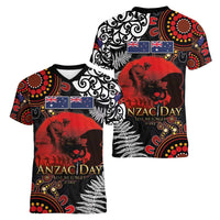 Australia and New Zealand ANZAC Day Women V-Neck T-Shirt Aboriginal and Maori Art Pattern - Gallipoli Lest We Forget LT03 - Polynesian Pride