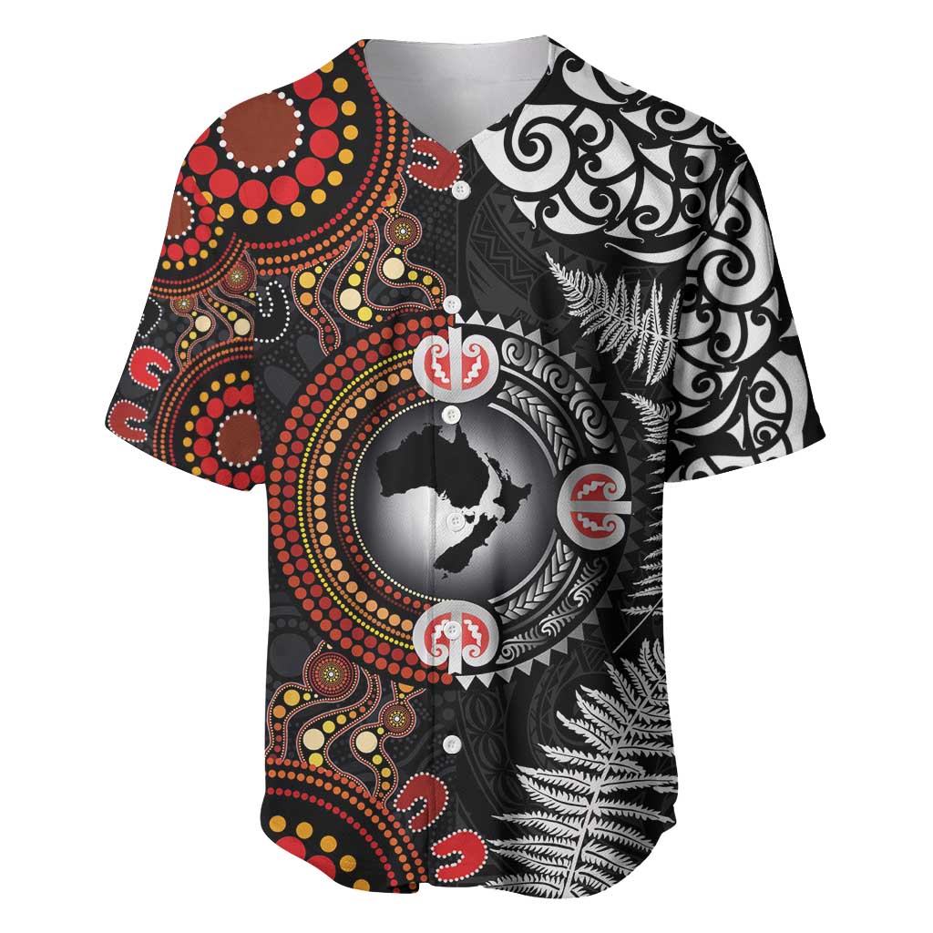 Australia and New Zealand Together Baseball Jersey Aboriginal and Maori Art Tattoo LT03 Black - Polynesian Pride