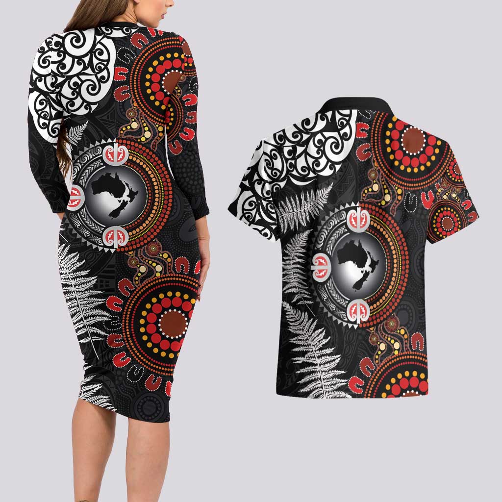 Australia and New Zealand Together Couples Matching Long Sleeve Bodycon Dress and Hawaiian Shirt Aboriginal and Maori Art Tattoo LT03 - Polynesian Pride