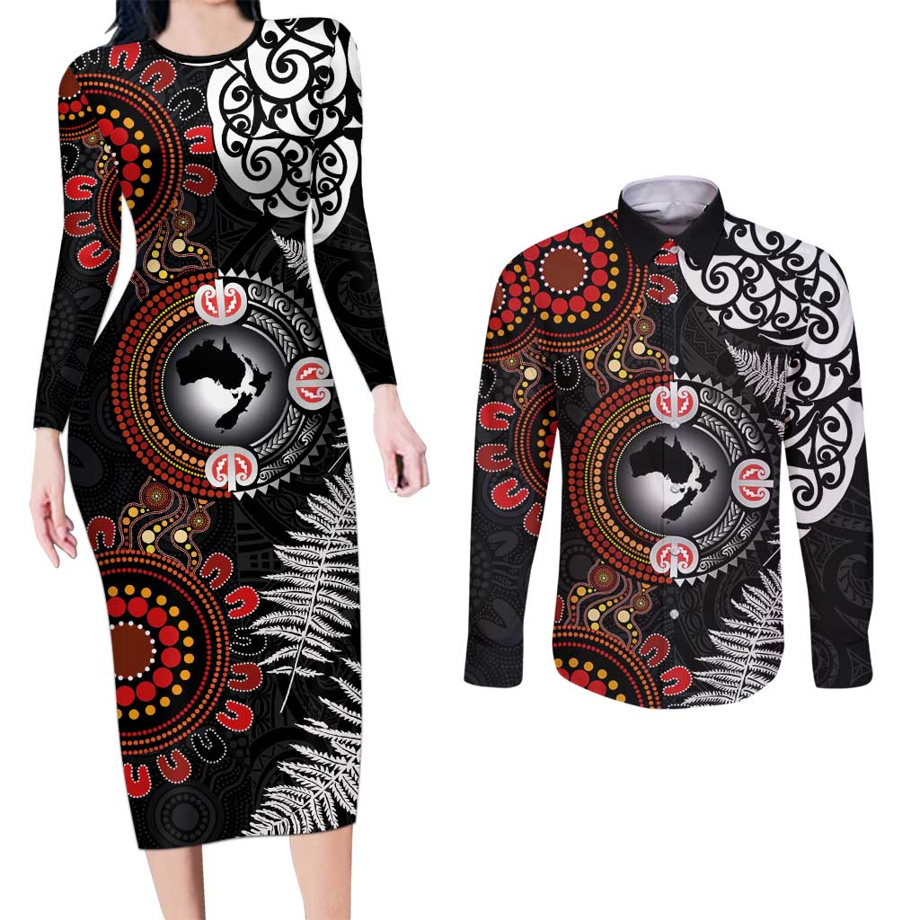 Australia and New Zealand Together Couples Matching Long Sleeve Bodycon Dress and Long Sleeve Button Shirt Aboriginal and Maori Art Tattoo LT03 Black - Polynesian Pride