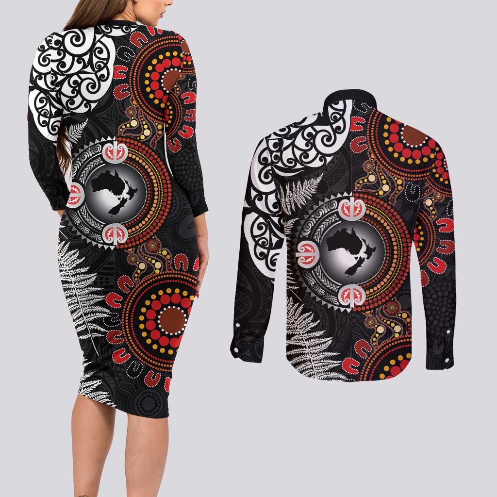 Australia and New Zealand Together Couples Matching Long Sleeve Bodycon Dress and Long Sleeve Button Shirt Aboriginal and Maori Art Tattoo LT03 - Polynesian Pride