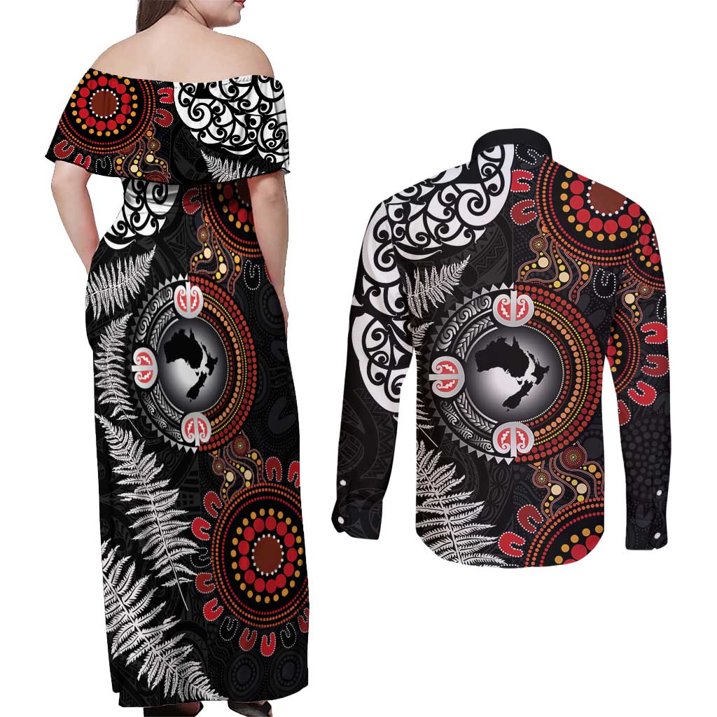 Australia and New Zealand Together Couples Matching Off Shoulder Maxi Dress and Long Sleeve Button Shirt Aboriginal and Maori Art Tattoo LT03 - Polynesian Pride