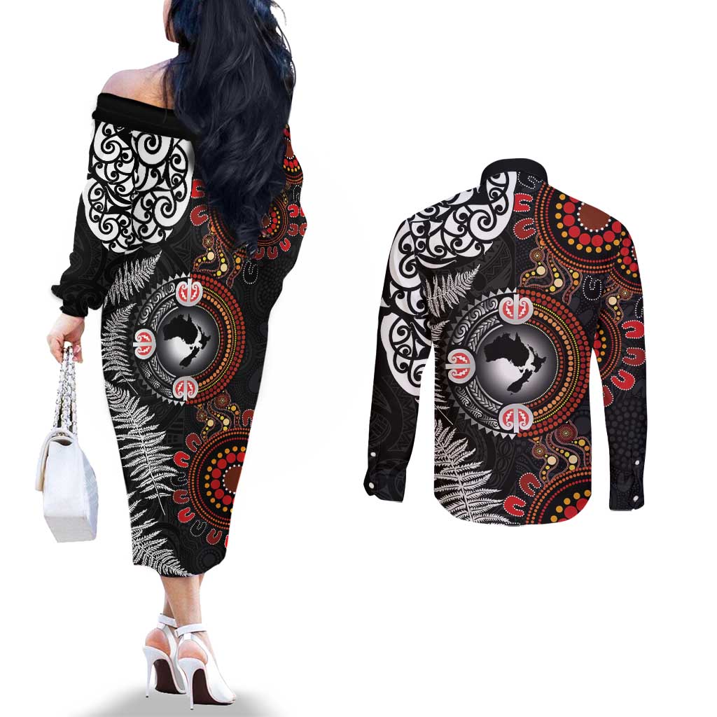 Australia and New Zealand Together Couples Matching Off The Shoulder Long Sleeve Dress and Long Sleeve Button Shirt Aboriginal and Maori Art Tattoo LT03 - Polynesian Pride