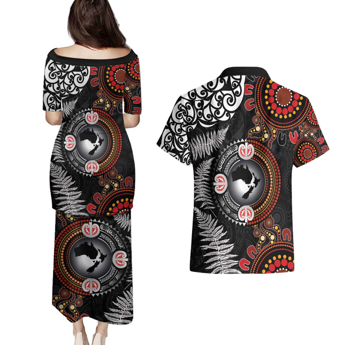 Australia and New Zealand Together Couples Matching Puletasi and Hawaiian Shirt Aboriginal and Maori Art Tattoo LT03 - Polynesian Pride
