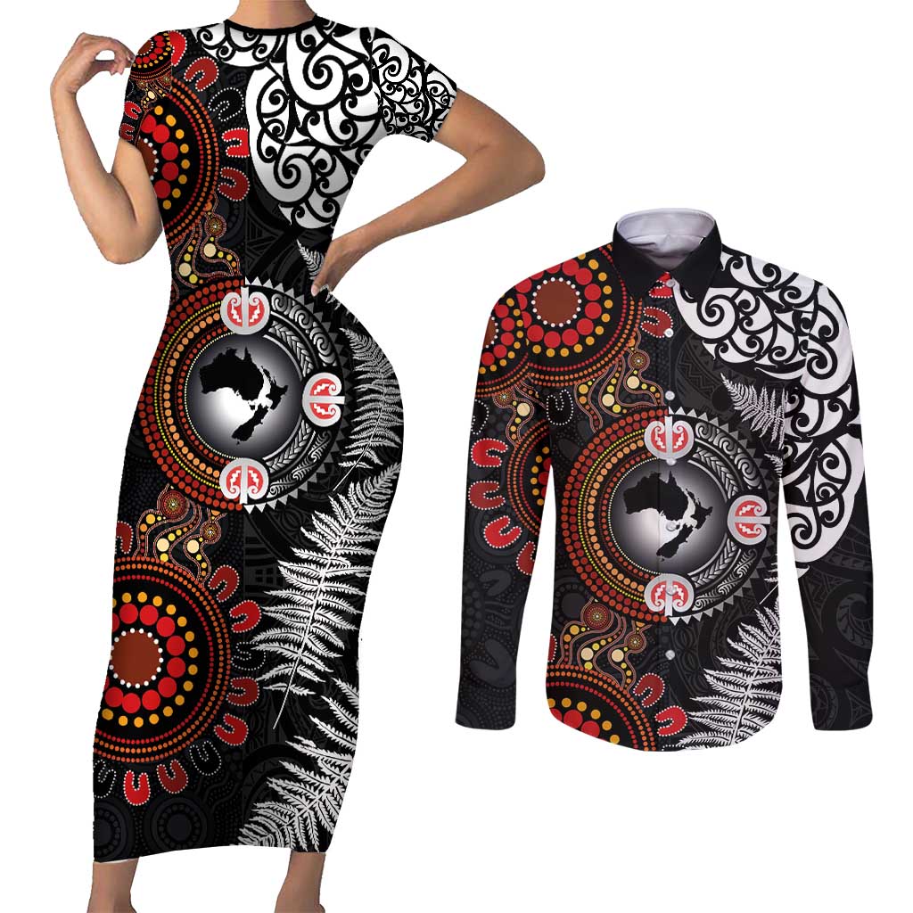 Australia and New Zealand Together Couples Matching Short Sleeve Bodycon Dress and Long Sleeve Button Shirt Aboriginal and Maori Art Tattoo LT03 Black - Polynesian Pride