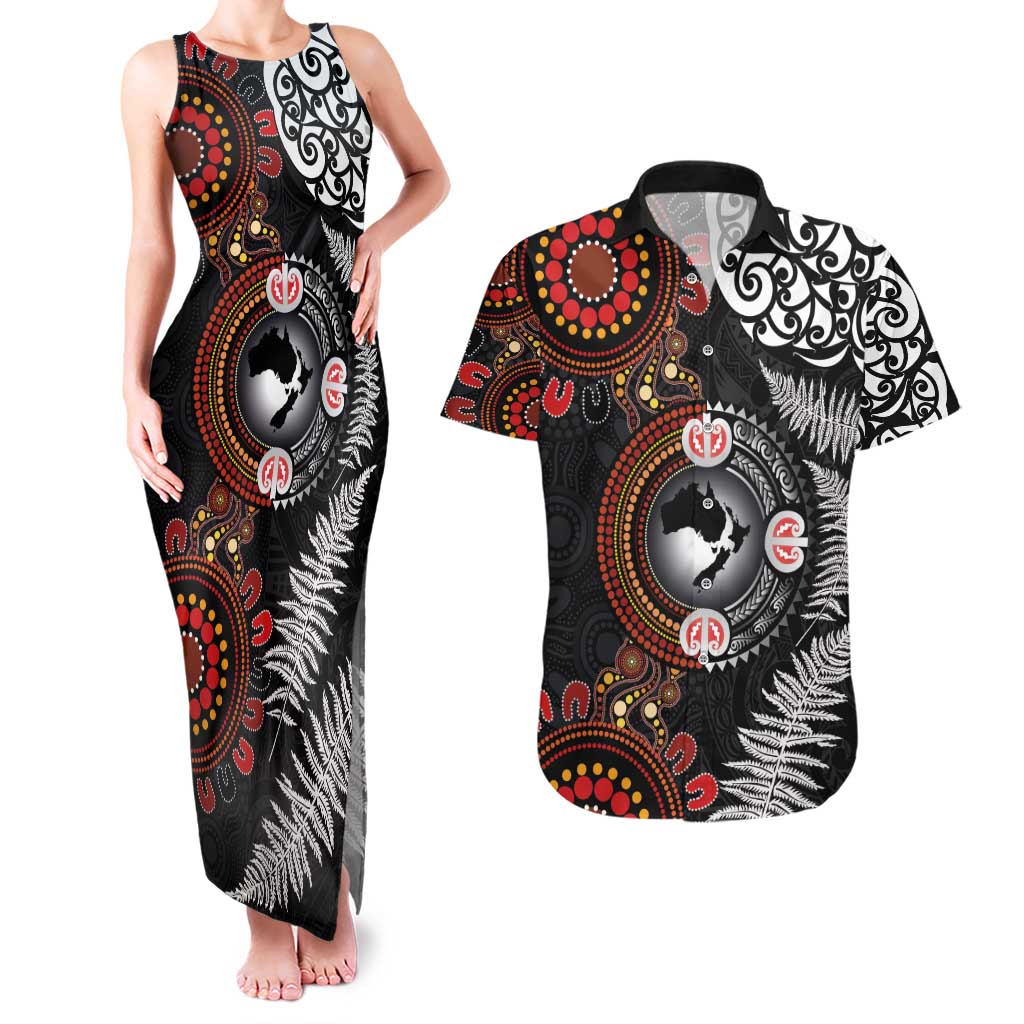 Australia and New Zealand Together Couples Matching Tank Maxi Dress and Hawaiian Shirt Aboriginal and Maori Art Tattoo LT03 Black - Polynesian Pride