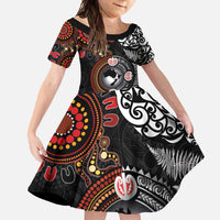 Australia and New Zealand Together Family Matching Long Sleeve Bodycon Dress and Hawaiian Shirt Aboriginal and Maori Art Tattoo LT03 Daughter's Dress Black - Polynesian Pride
