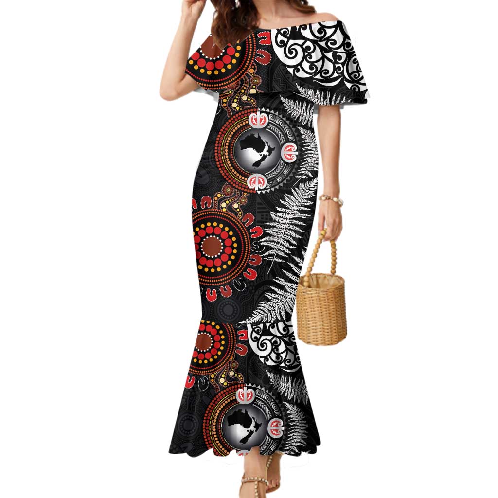 Australia and New Zealand Together Family Matching Mermaid Dress and Hawaiian Shirt Aboriginal and Maori Art Tattoo LT03 Mom's Dress Black - Polynesian Pride
