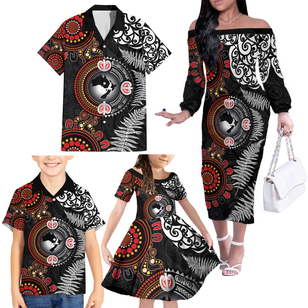 Australia and New Zealand Together Family Matching Off The Shoulder Long Sleeve Dress and Hawaiian Shirt Aboriginal and Maori Art Tattoo LT03 - Polynesian Pride