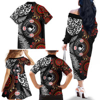 Australia and New Zealand Together Family Matching Off The Shoulder Long Sleeve Dress and Hawaiian Shirt Aboriginal and Maori Art Tattoo LT03 - Polynesian Pride