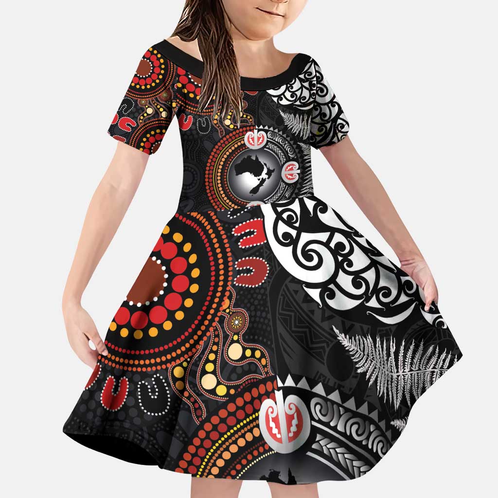 Australia and New Zealand Together Family Matching Puletasi and Hawaiian Shirt Aboriginal and Maori Art Tattoo LT03 Daughter's Dress Black - Polynesian Pride