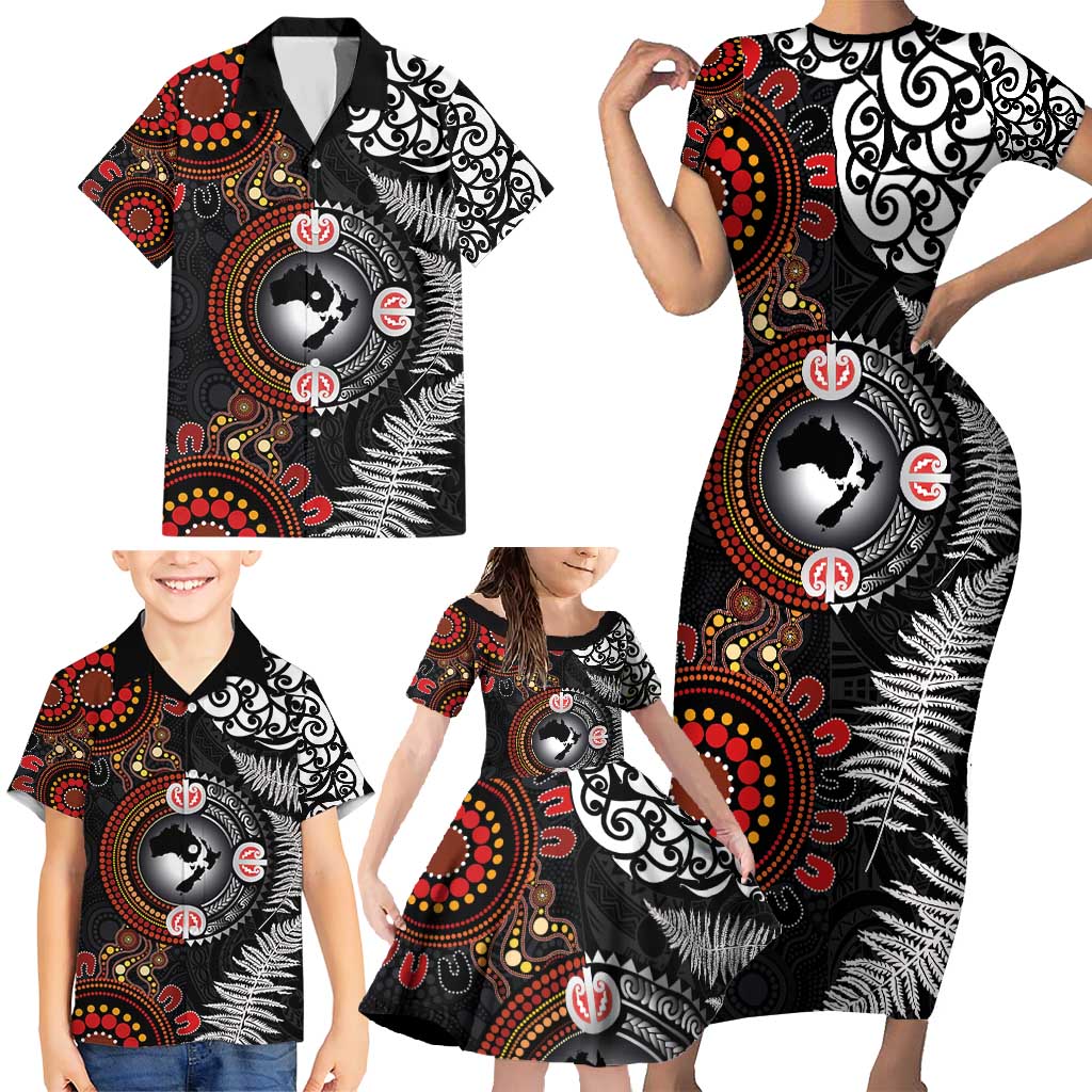 Australia and New Zealand Together Family Matching Short Sleeve Bodycon Dress and Hawaiian Shirt Aboriginal and Maori Art Tattoo LT03 - Polynesian Pride