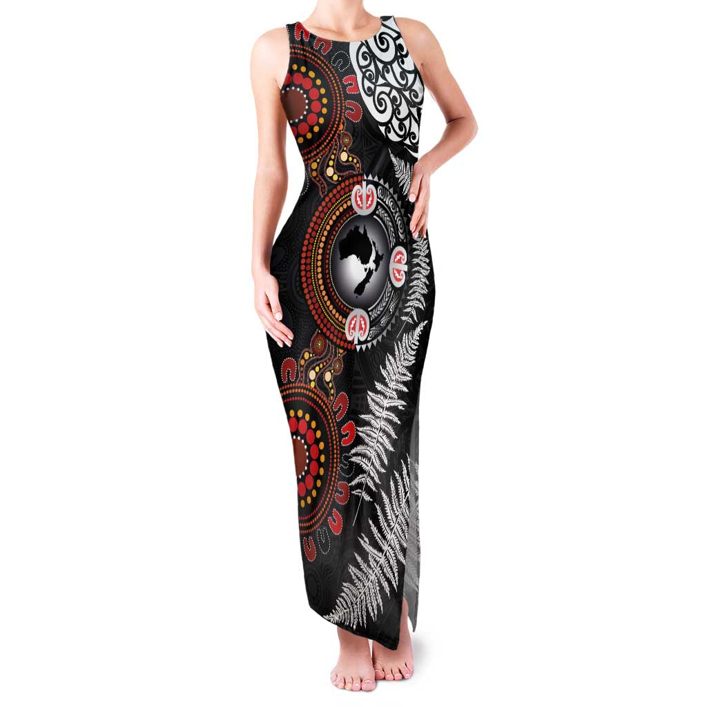 Australia and New Zealand Together Family Matching Tank Maxi Dress and Hawaiian Shirt Aboriginal and Maori Art Tattoo LT03 Mom's Dress Black - Polynesian Pride