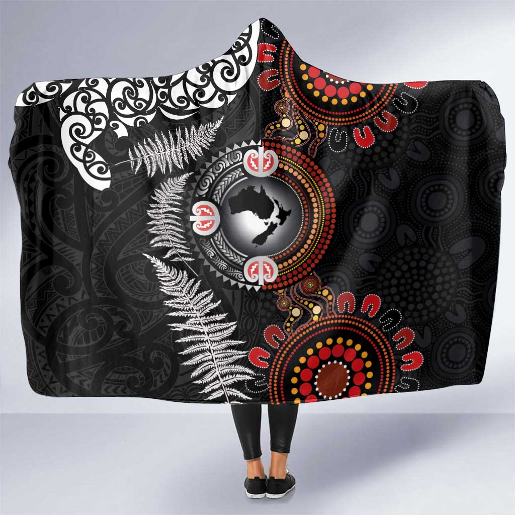 Australia and New Zealand Together Hooded Blanket Aboriginal and Maori Art Tattoo LT03 One Size Black - Polynesian Pride