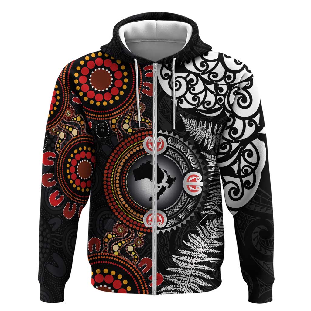 Australia and New Zealand Together Hoodie Aboriginal and Maori Art Tattoo LT03 Zip Hoodie Black - Polynesian Pride