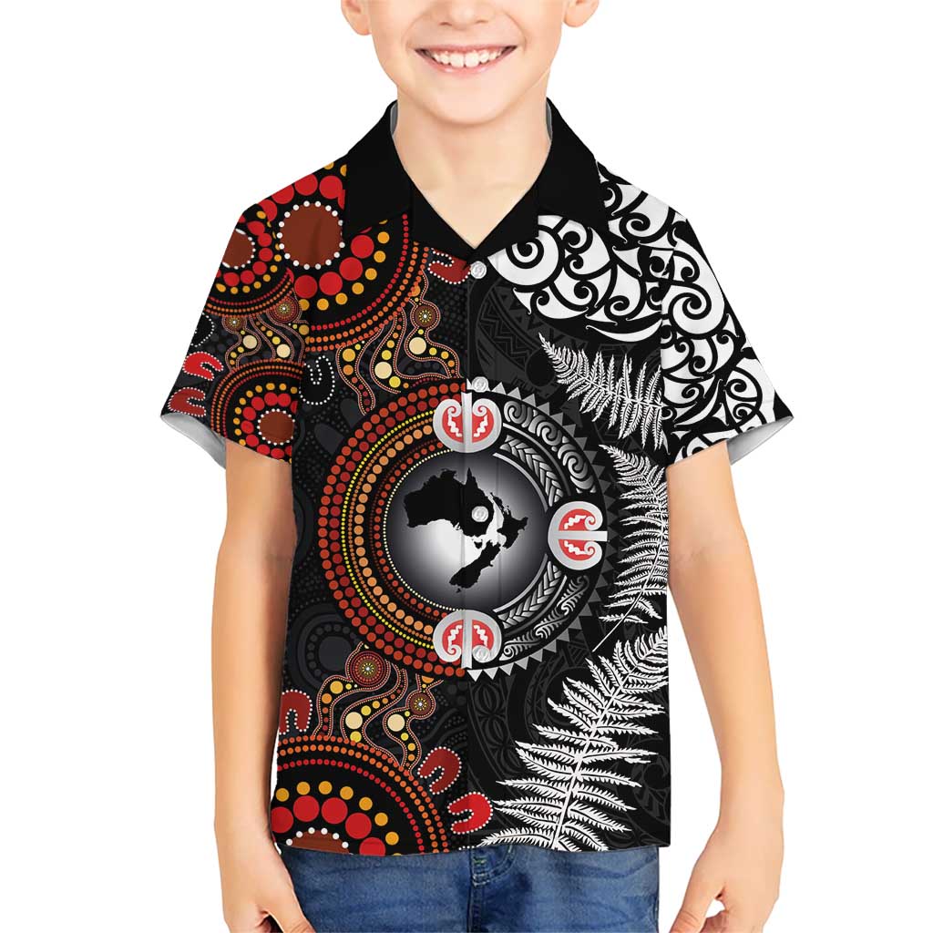 Australia and New Zealand Together Kid Hawaiian Shirt Aboriginal and Maori Art Tattoo LT03 Kid Black - Polynesian Pride