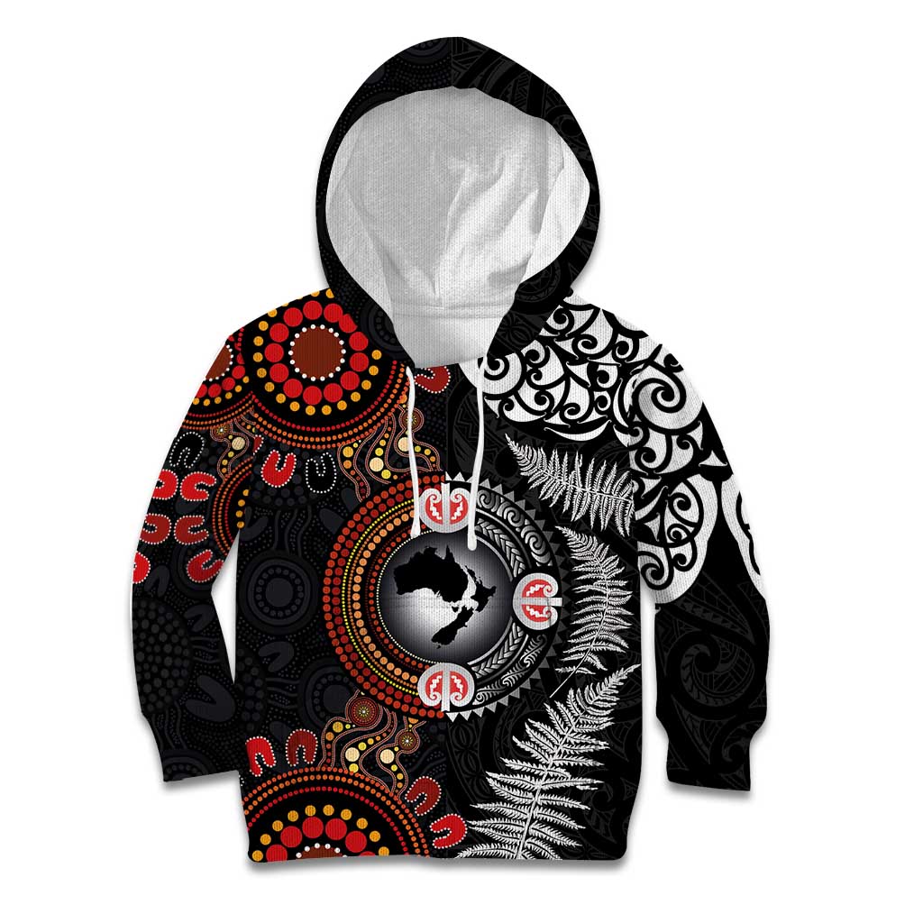 Australia and New Zealand Together Kid Hoodie Aboriginal and Maori Art Tattoo LT03 Hoodie Black - Polynesian Pride