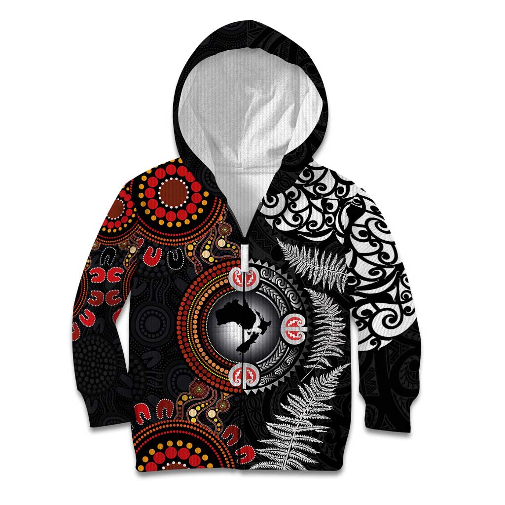 Australia and New Zealand Together Kid Hoodie Aboriginal and Maori Art Tattoo LT03 Zip Hoodie Black - Polynesian Pride