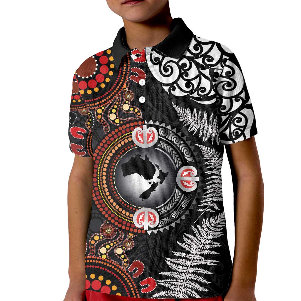 Australia and New Zealand Together Kid Polo Shirt Aboriginal and Maori Art Tattoo LT03 Kid Black - Polynesian Pride
