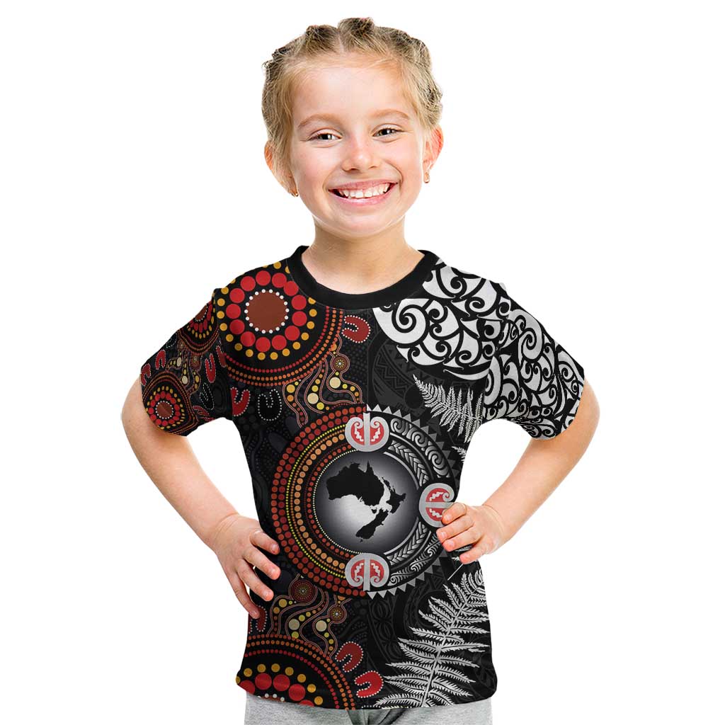 Australia and New Zealand Together Kid T Shirt Aboriginal and Maori Art Tattoo LT03 Black - Polynesian Pride
