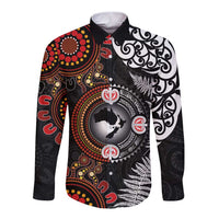 Australia and New Zealand Together Long Sleeve Button Shirt Aboriginal and Maori Art Tattoo LT03 Unisex Black - Polynesian Pride