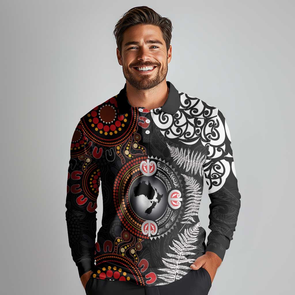 Australia and New Zealand Together Long Sleeve Polo Shirt Aboriginal and Maori Art Tattoo LT03 - Polynesian Pride
